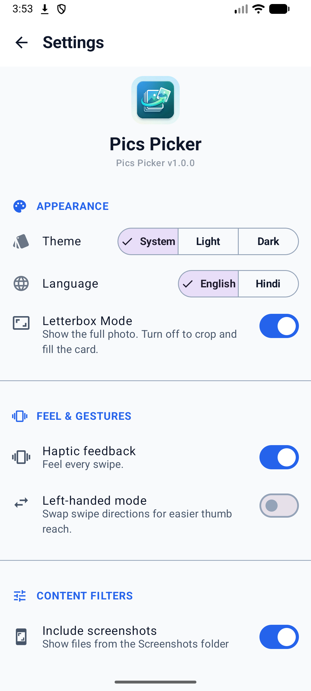 Pics Picker main swipe view